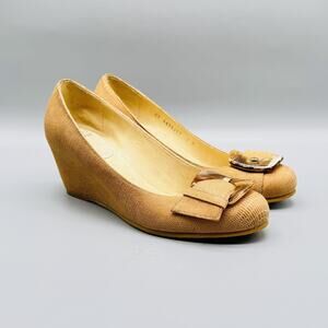 Stuart Weitzman Shoes Womens 7 Beige Wedge Heels Buckle Slip On Dressy